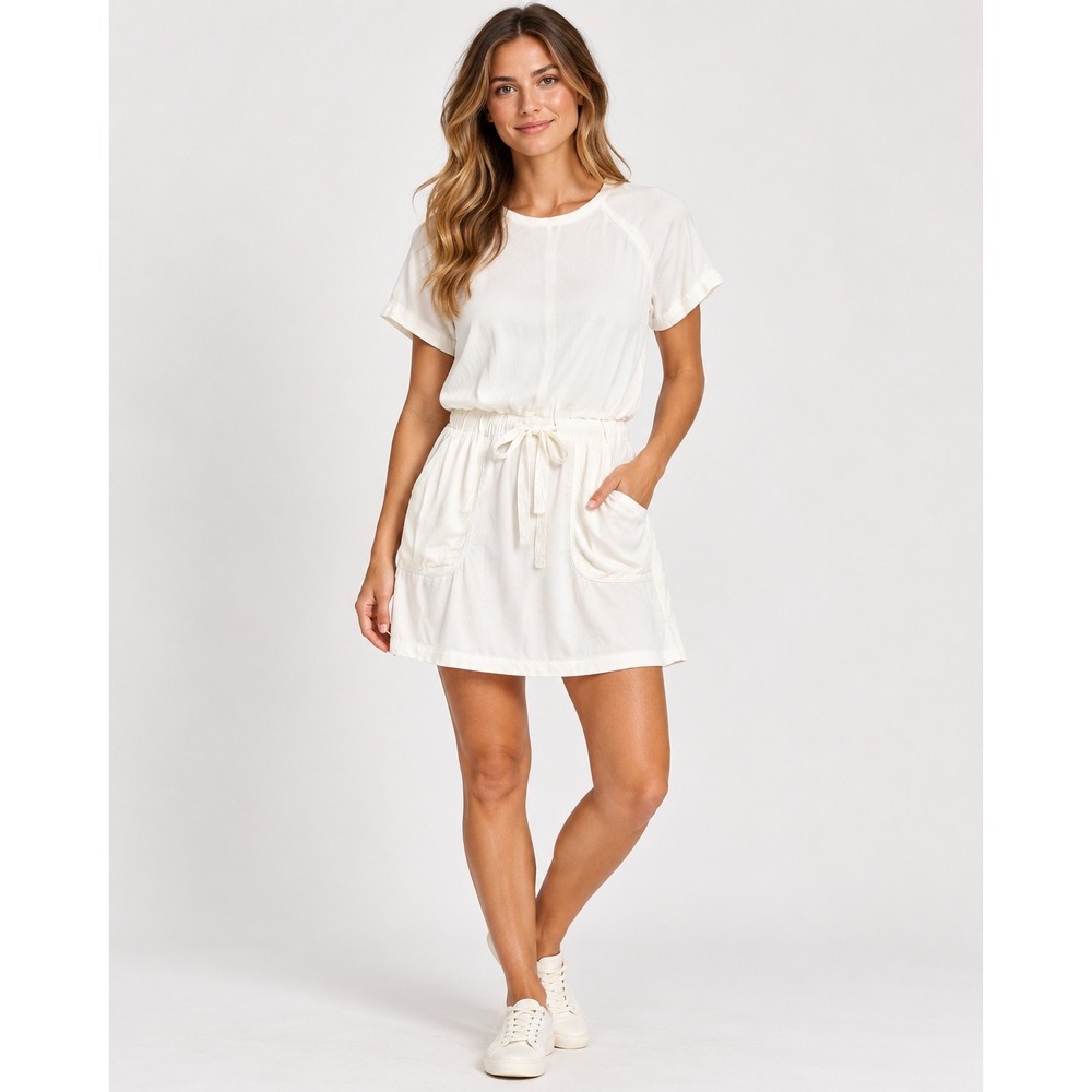 MONROW White Mini Dress M Drawstring Waist Pockets Raglan Sleeve Made USA
